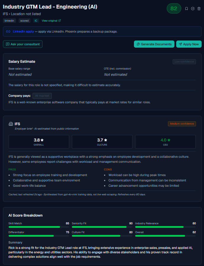 Phoenix analysing the IFS Industry GTM Lead Engineering AI role