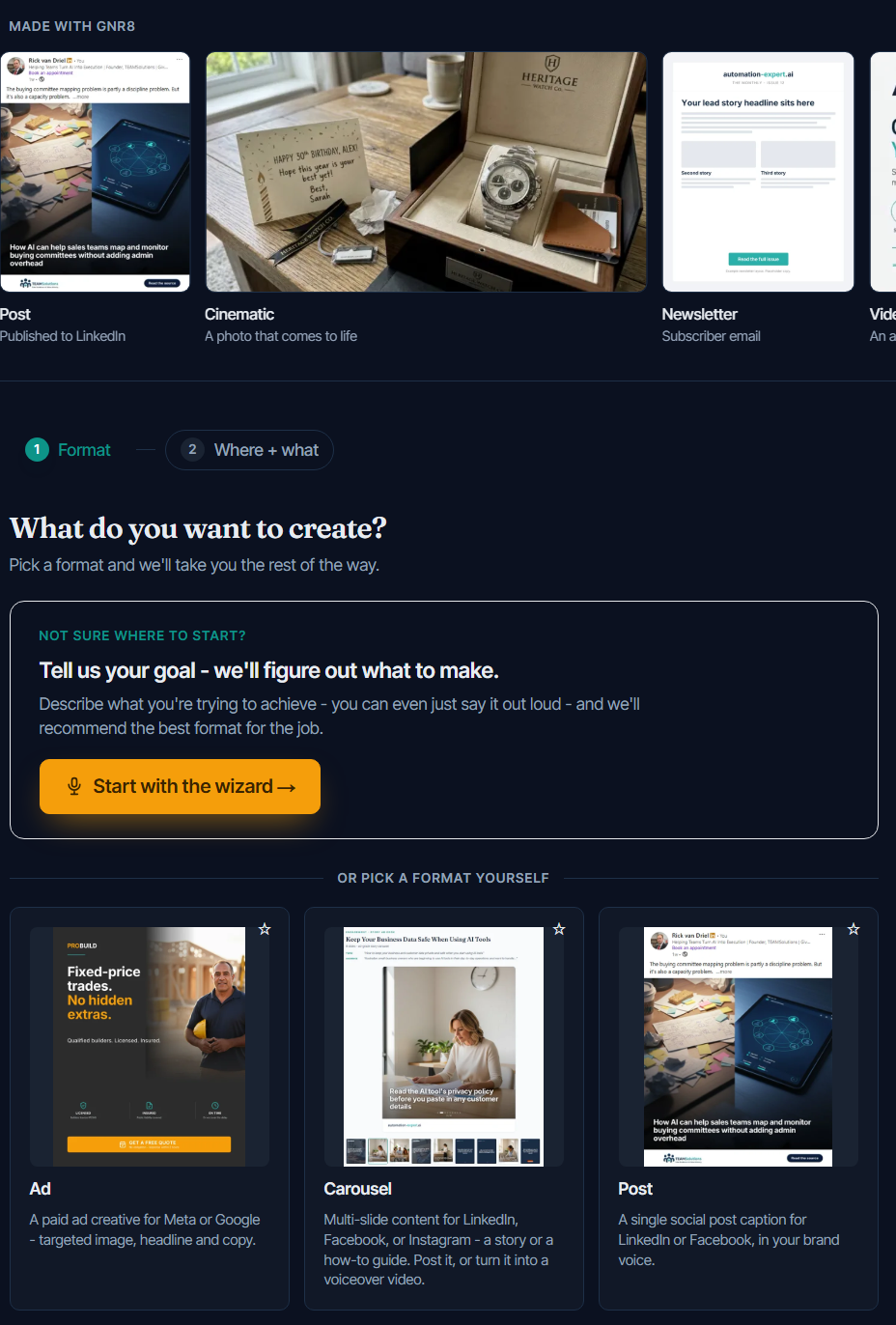 GNR8 content creation format selector
