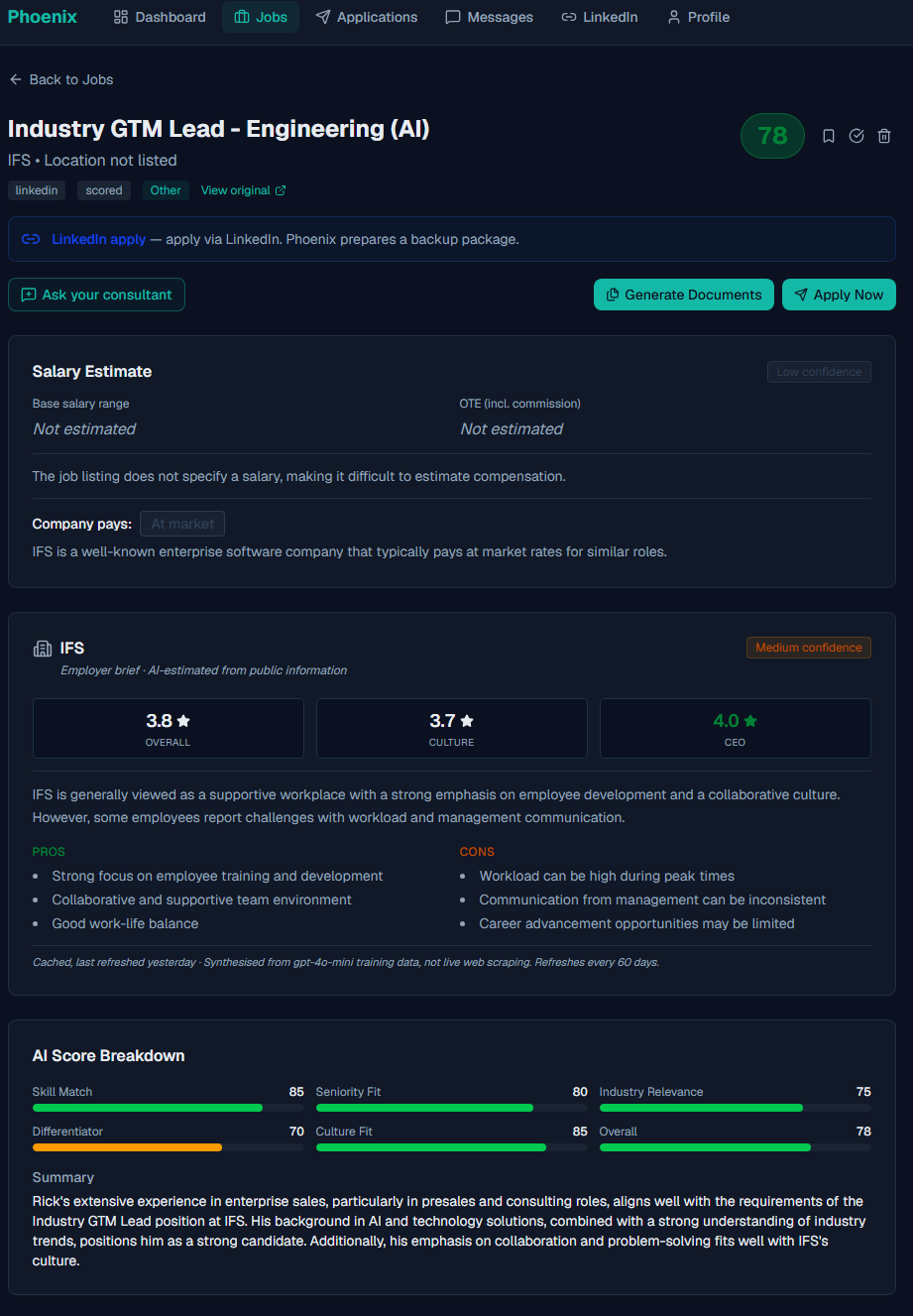 Phoenix analysing an IFS Industry GTM Lead AI role